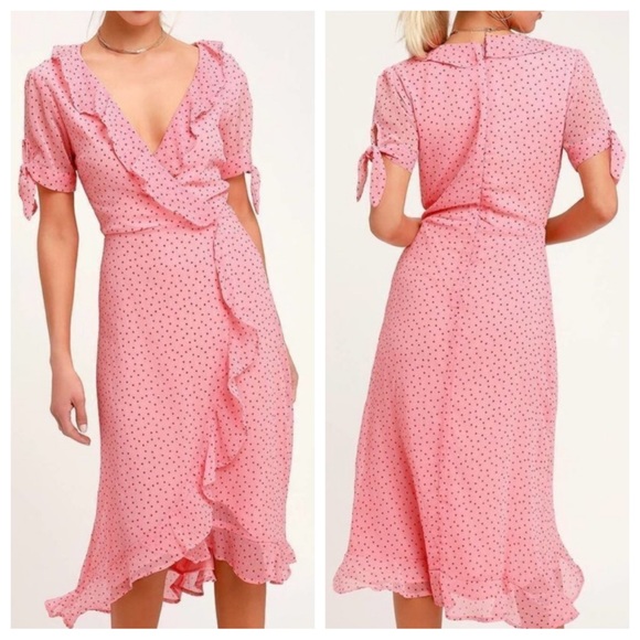 Lulu’s Pink Polka dot Flirty Ruffle Wrap Dress Retro 40s 50s style zipper small - Picture 2 of 12